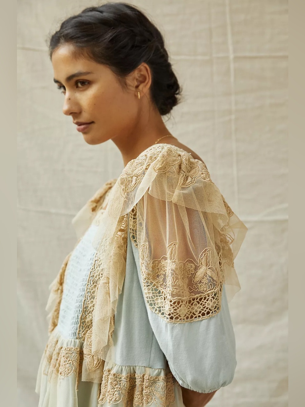 NWT Forever That Girl Blue/Tan Ruffle Lace Peplum Fairy Top Large Anthropologie - Picture 4 of 16